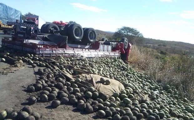 Caminhão que transportava tomates tomba na BR 251
